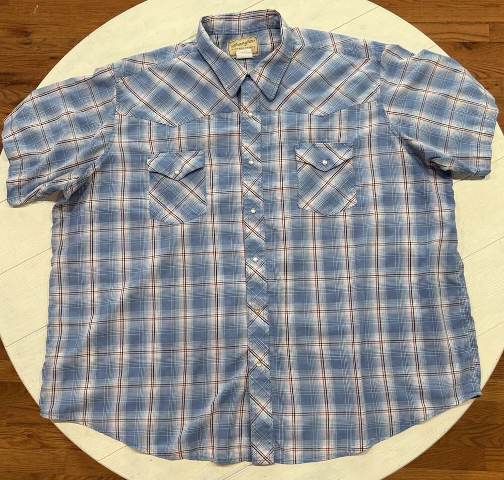 Wrangler Western Wear Pearl Snap Button Up Short Sleeve Shirt Blue Plaid 2XL